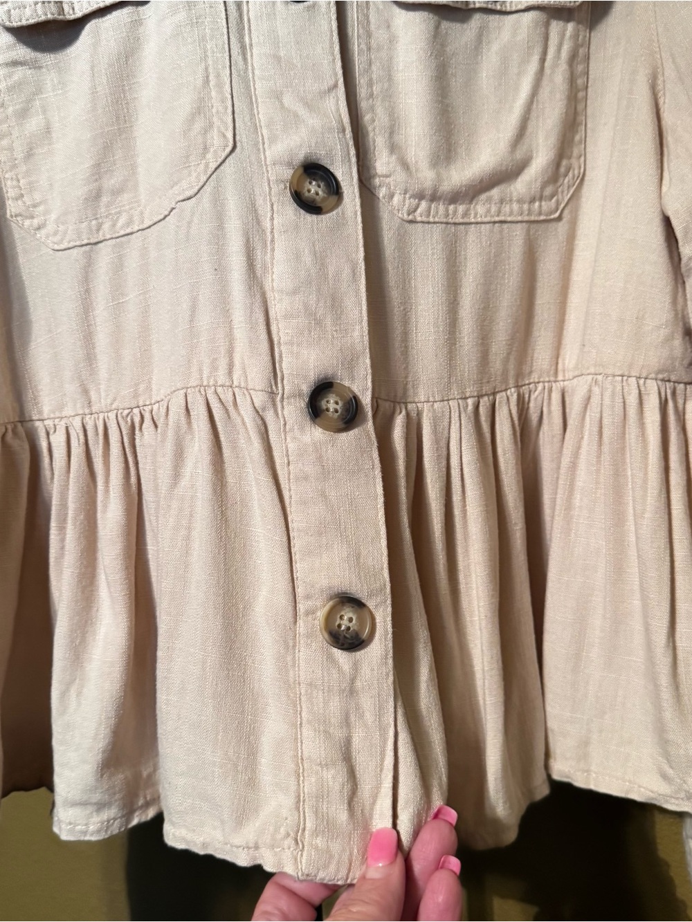 MIAMI Women Large Cotton Linen Jacket Beige Peplum Utility Button Front Shacket - Picture 5 of 9